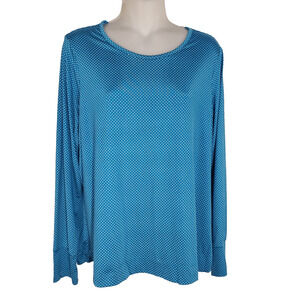 Lands' End Women's Top XLP 18 Polka Dot Teal Blue Long Sleeve Crew Neck Stretch